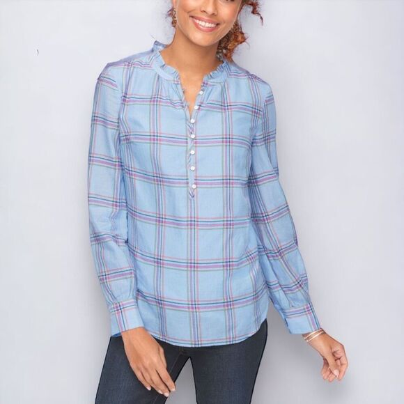 Talbots Band Collar Popover Size Medium Slender Stripe Plaid Ruffle Collar - Picture 1 of 9